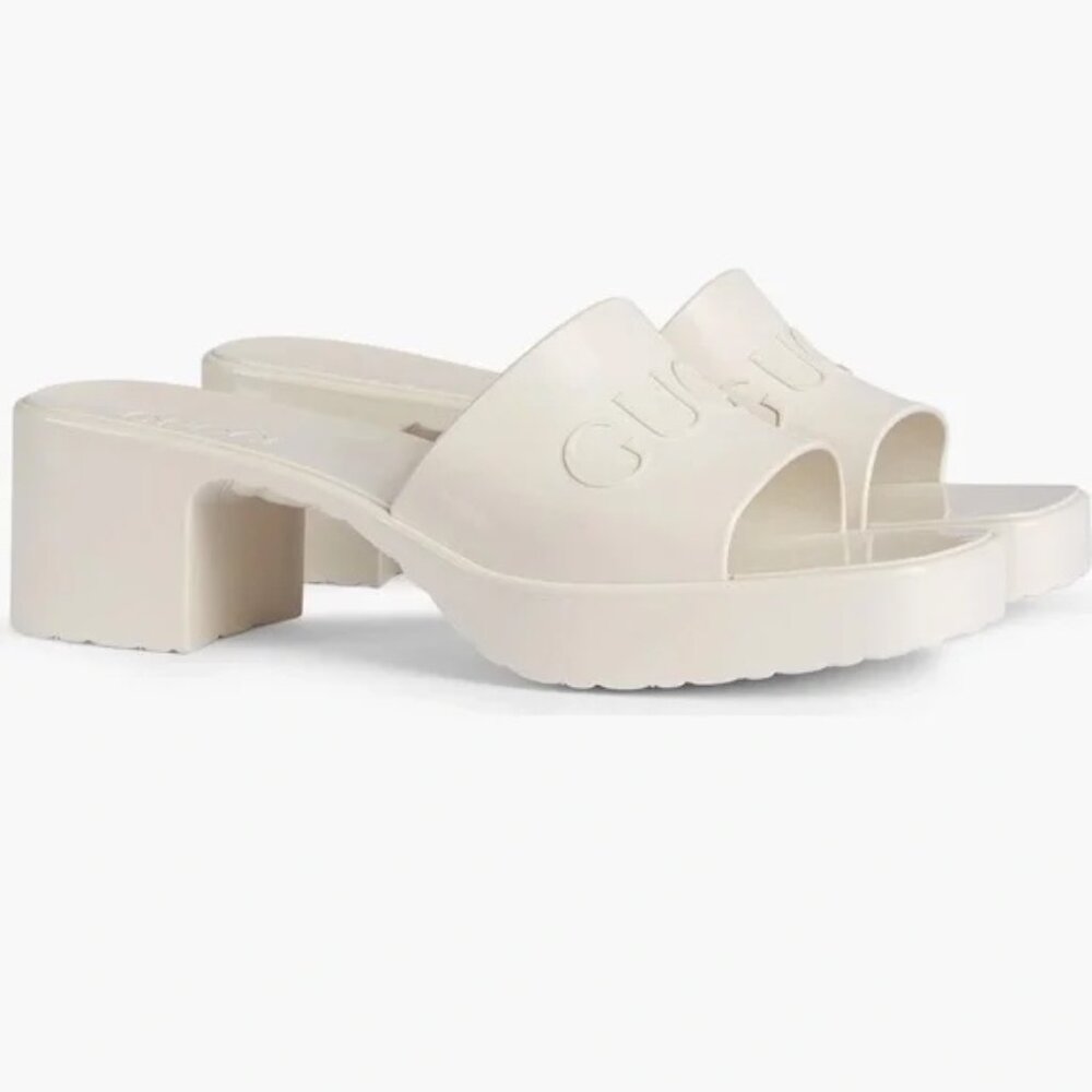 Gucci Double GG Logo Rubber Platform Block Heel Mules Slides Sandals Shoes